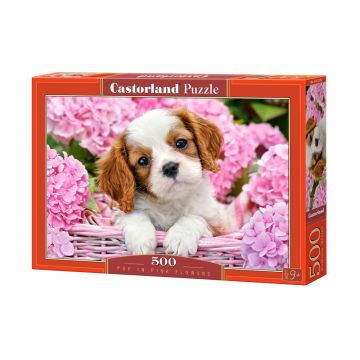 Puzzle Castorland din 500 de piese - Catelus printre flori roze