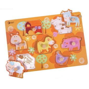Puzzle din lemn cu manere Classic World - Animale de la ferma