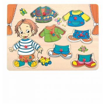 Puzzle din lemn cu manere Woody - Imbraca-l pe Sebastian