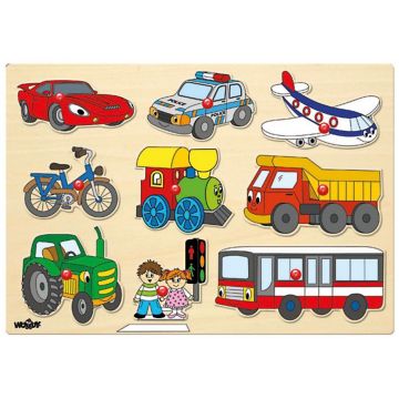 Puzzle din lemn cu manere Woody - Vehicule