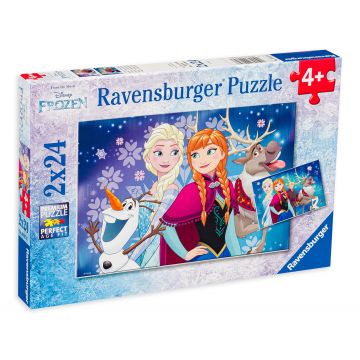Puzzle Ravensburger din 2 x 24 de piese - Elsa, Anna, Olaf si  Sven