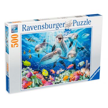 Puzzle Ravensburger din 500 de piese - Delfini in reciful de  coral