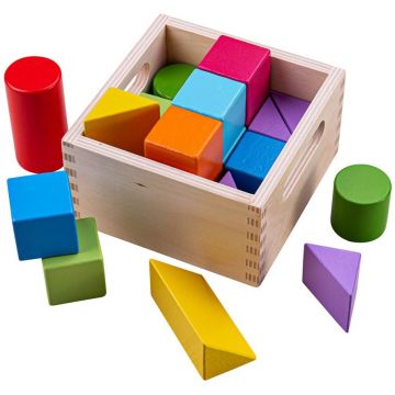 Blocuri din lemn  Bigjigs - Figuri geometrice colorate, in cutie