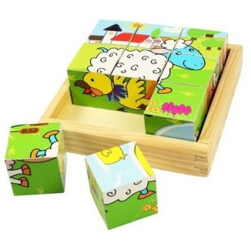 Cubulete din lemn Bigjigs - Animalele de la ferma, 9 piese