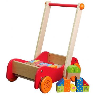 Jucarie din lemn de impins Lelin - Carucior cu constructor 30 piese