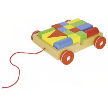 Jucarie din lemn pentru tragere Goki - Carucior cu constructor