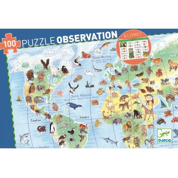 Puzzle de observare Djeco de 100 piese - Animale pe planeta, cu carte