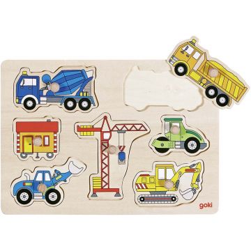 Puzzle din lemn cu manere Goki - Masini de constructii