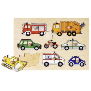 Puzzle din lemn cu manere Goki - Mijloace de transport, masini civile