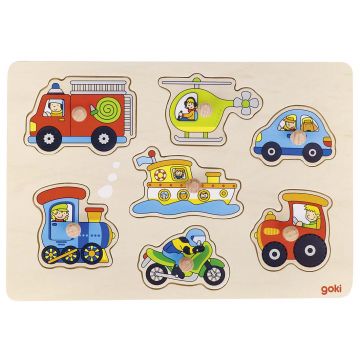 Puzzle din lemn cu manere Goki - Mijloace de transport