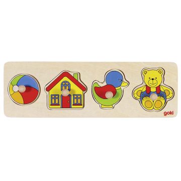 Puzzle din lemn cu manere Goki - Minge, casa, rata si ursulet