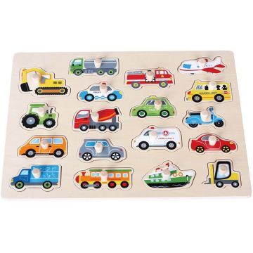 Puzzle din lemn cu manere Lelin - Vehicule