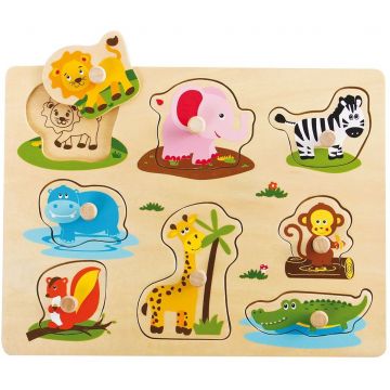 Puzzle din lemn cu manere si indicii Lelin - Safari