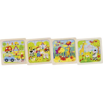 Puzzle din lemn Goki - Animalute, fertma si mediul urban, sortiment