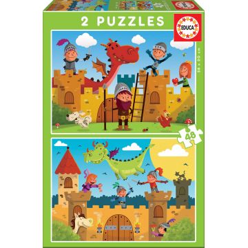 Puzzle Educa din 2 x 48 de piese - Dragoni si cavaleri