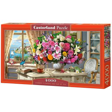 Puzzle panoramic Castorland din 4000 de piese - Flori de vara si pahar cu ceai