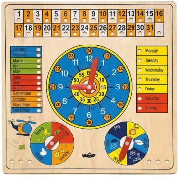 Calendar din lemn cu ceas Woody - Animale, in limba engleza