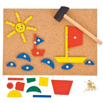 Joc din lemn pentru copii Bigjigs - Mozaic cu ciocan si pioneze
