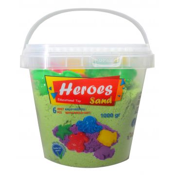 Nisip de joacă în găleată Heroes - Culoare verde cu 6 figurine, 1000 g.