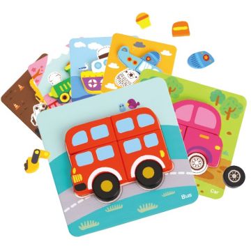 Puzzle 3D din lemn Tooky Toy - Transportation, 6in1