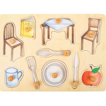 Puzzle din lemn, cu manere Small Foot - Accesorii de bucatarie, 9 piese