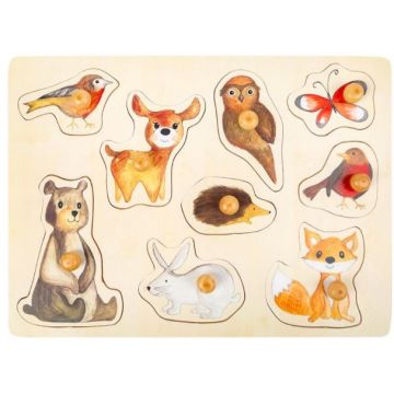 Puzzle din lemn, cu manere Small Foot - Animale din padure, 9 piese