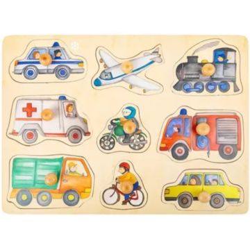 Puzzle din lemn cu manere Small Foot - Vehicule, 9 piese