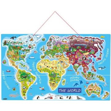 Puzzle din lemn cu piese magnetice Woody - Harta lumii, 2 in 1
