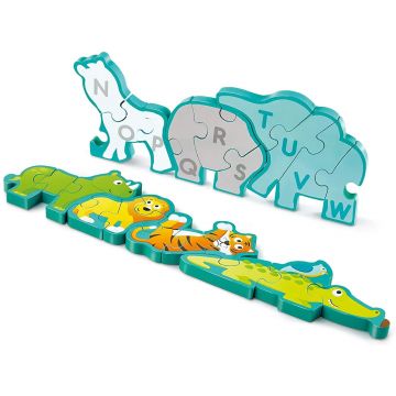 Puzzle din lemn Hape - Alfabet si animale, cu doua fete