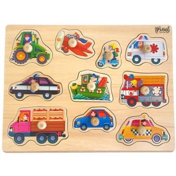 Puzzle din lemn pentru copii Pino - Autovehicule, cu manere, 10 piese