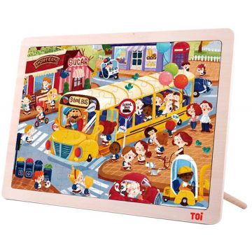 Puzzle din lemn pentru copii Toi World - Autobus scolar, 100 piese