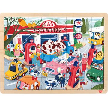 Puzzle din lemn pentru copii Toi World - Benzinarie, 48 piese