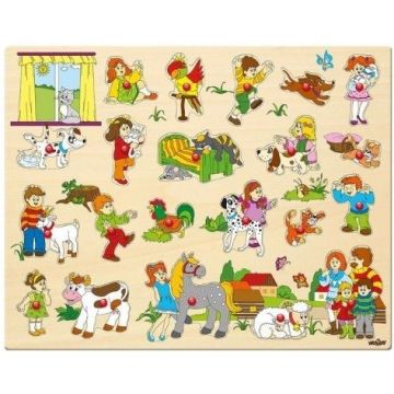 Puzzle din lemn pentru copii  Woody cu manere - O zi in ferma