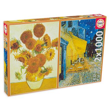 Puzzle Educa din 2 x 1000 de piese - Vincent van Gogh, Sunflowers and Café Terrace at Night