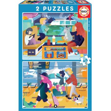 Puzzle Educa din 2 x 48 de piese - La aeroport si gara