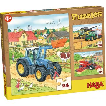 Puzzle pentru copii 3 in 1 Haba - Tractoare