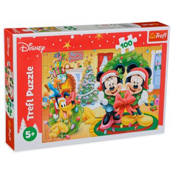Puzzle Trefl din 100 de piese - Magia Craciunului cu Mickey, Minnie si Pluto