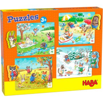 Puzzle-uri pentru copii Haba 4 x 15 - Anotimpuri, cu 4 figurine din lemne