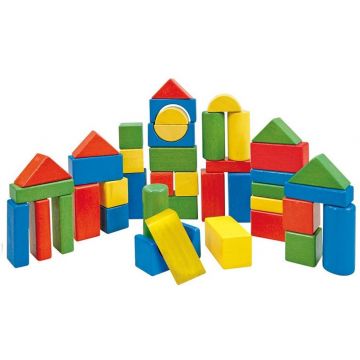 Set de construit din lemn Woody in cutie cu sortator - Colorat, 50 piese