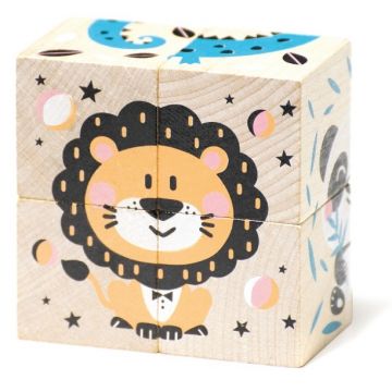 Cubulete din lemn Cubika - Animale, 4 cuburi, 6 puzzle-uri