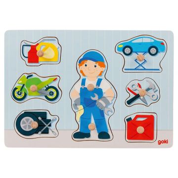 Puzzle din lemn cu maner Goki - Mecanic