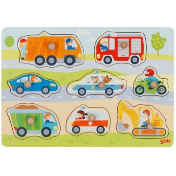 Puzzle din lemn cu maner Goki - Vehicule