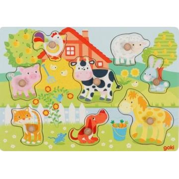 Puzzle din lemn cu manere Goki - Animalele din ferma