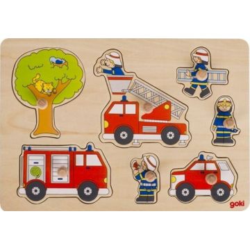 Puzzle din lemn cu manere Goki - Detasament de pompieri