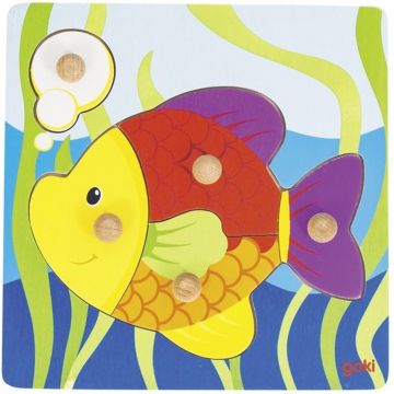 Puzzle din lemn cu mânere Goki - Pește, 5 piese