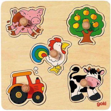 Puzzle din lemn pentru copii cu mânere Goki - Farm
