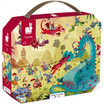 Puzzle in valiza pentru copii Janod - Dragoni, 54 piese