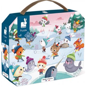 Puzzle in valiza pentru copii Janod - Petrecerea de zapada, 36 piese