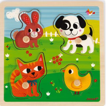 Puzzle tactil din lemn Janod - Primele mele animale, 4 piese