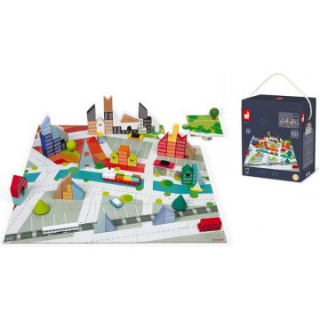 Set de constructie din lemn Janod - 60 piese + puzzle Oras